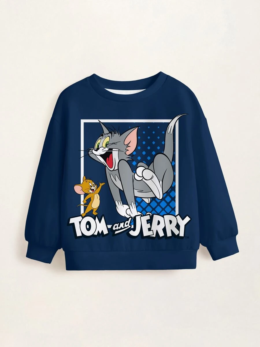 TOM & JERRY X SHEIN 小男孩字母卡通印花圓領長袖休閒運動衫 - 白色 - 查看 1
