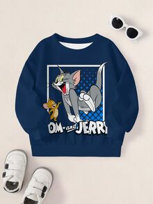 TOM & JERRY X SHEIN 小男孩字母卡通印花圓領長袖休閒運動衫 - 白色 - 查看 6