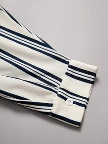Linhara CURVE Kemeja Bahu Jatuh Motif Garis Ukuran Plus - Putih - View 5