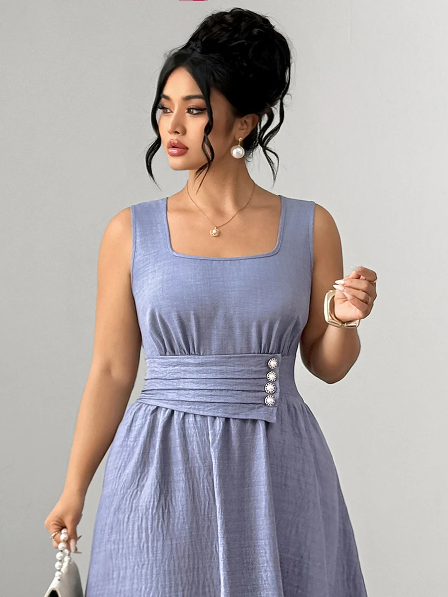 Elenzga Women's Plus Size Square Neck Front Button Decor Back Ruched Long Dress In Misty Blue, Versatile Slimming Elegant Dress For Commute, Date, Weekend Shopping, Casual Dining, Store Visiting, Leisure Outings - Blue - View 1
