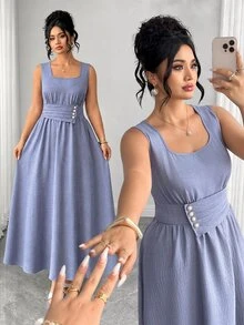 Elenzga Women's Plus Size Square Neck Front Button Decor Back Ruched Long Dress In Misty Blue, Versatile Slimming Elegant Dress For Commute, Date, Weekend Shopping, Casual Dining, Store Visiting, Leisure Outings - Blue - View 5