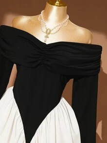 Rometta Plus Size Women's Elegant Off Shoulder Ruched Texture Long Sleeve Bodycon Dress - Black - View 8