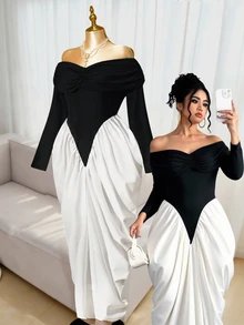 Rometta Plus Size Women's Elegant Off Shoulder Ruched Texture Long Sleeve Bodycon Dress - Black - View 2