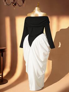 Rometta Plus Size Women's Elegant Off Shoulder Ruched Texture Long Sleeve Bodycon Dress - Black - View 4