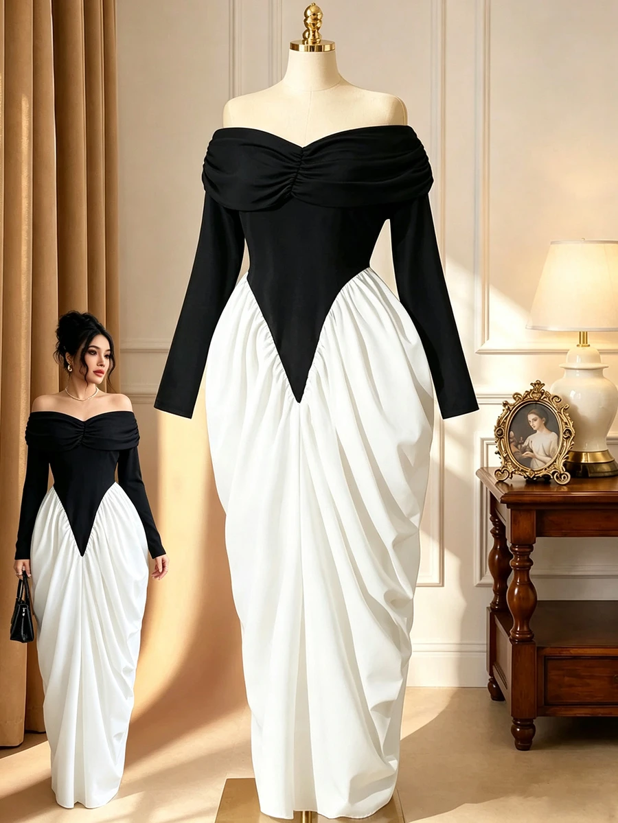 Rometta Plus Size Women's Elegant Off Shoulder Ruched Texture Long Sleeve Bodycon Dress - Black - View 1