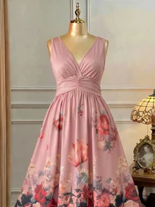 Rometta Plus Size Women's Dusty Rose Romantic Floral Print V-Neck Dress, Elegant Ruched Waist Knit, Comfortable For Streetwear, Party, Afternoon Tea, Date - Pink - View 4