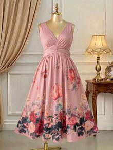 Rometta Plus Size Women's Dusty Rose Romantic Floral Print V-Neck Dress, Elegant Ruched Waist Knit, Comfortable For Streetwear, Party, Afternoon Tea, Date - Pink - View 5
