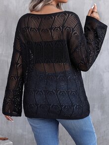 SHEIN LUNE CURVE 大尺碼女款春夏/秋冬休閒寬鬆針織上衣，露肩領口，鏤空喇叭袖半透黑色套頭毛衣，約會之夜穿搭 - 黑色 - 查看 3