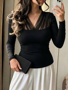 SHEIN Clasi Plus Size Women's Autumn/Winter Mesh Patchwork Ruched Waist Elegant Commuter Blouse - Black - View 3