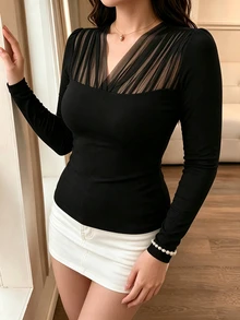 SHEIN Clasi Plus Size Women's Autumn/Winter Mesh Patchwork Ruched Waist Elegant Commuter Blouse - Black - View 4