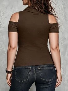 SHEIN Clasi 2026 Women's Plus Size Cold Shoulder Cowl Neck Knit Fitted Top Casual Sexy Daily Home Wear Going Out Formal Brown Summer - Coffee Brown - View 3