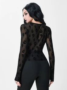 ROMWE Atasan Wanita Ketat Transparan Berbahan Beludru Motif Tengkorak Hantu Halloween Gaya Gothic Gelap - Hitam - View 6