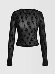 ROMWE Atasan Wanita Ketat Transparan Berbahan Beludru Motif Tengkorak Hantu Halloween Gaya Gothic Gelap - Hitam - View 2
