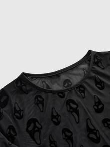 ROMWE Atasan Wanita Ketat Transparan Berbahan Beludru Motif Tengkorak Hantu Halloween Gaya Gothic Gelap - Hitam - View 10