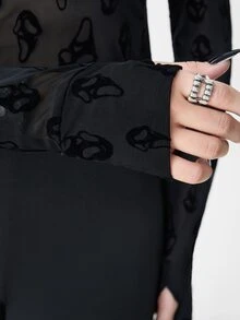 ROMWE Atasan Wanita Ketat Transparan Berbahan Beludru Motif Tengkorak Hantu Halloween Gaya Gothic Gelap - Hitam - View 9