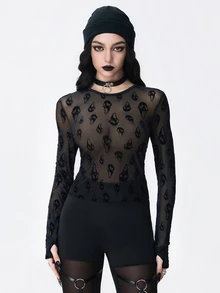 ROMWE Atasan Wanita Ketat Transparan Berbahan Beludru Motif Tengkorak Hantu Halloween Gaya Gothic Gelap - Hitam - View 5