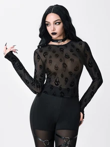 ROMWE Atasan Wanita Ketat Transparan Berbahan Beludru Motif Tengkorak Hantu Halloween Gaya Gothic Gelap - Hitam - View 1
