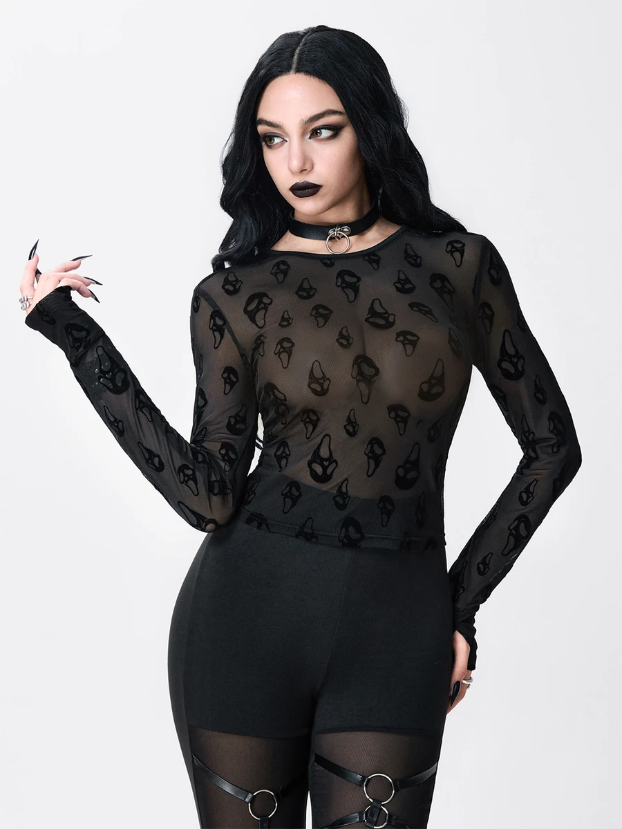ROMWE Atasan Wanita Ketat Transparan Berbahan Beludru Motif Tengkorak Hantu Halloween Gaya Gothic Gelap - Hitam - View 1