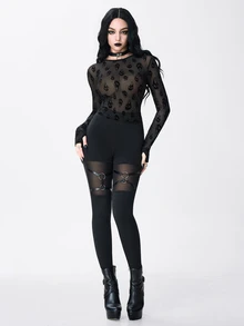 ROMWE Atasan Wanita Ketat Transparan Berbahan Beludru Motif Tengkorak Hantu Halloween Gaya Gothic Gelap - Hitam - View 3