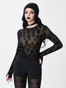 ROMWE Atasan Wanita Ketat Transparan Berbahan Beludru Motif Tengkorak Hantu Halloween Gaya Gothic Gelap - Hitam - View 8