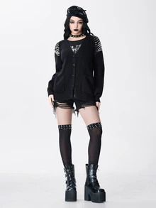 ROMWE Goth 龐克哥德金屬風尖頭鉚釘設計V領寬鬆針織開襟衫 - 黑色 - 查看 3