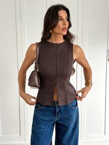 SHEIN Tall Women's Elegant Zipper Striped Blazer Vest Jacket - Brown - View 4