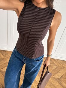 SHEIN Tall Women's Elegant Zipper Striped Blazer Vest Jacket - Brown - View 3