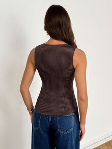 SHEIN Tall Women's Elegant Zipper Striped Blazer Vest Jacket - Brown - View 2