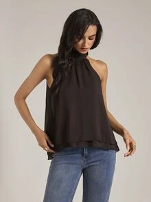 SHEIN Tall Sexy Casual Elegant New Bohemian Minimalist Ruched A-Line Chiffon Camisole (Suitable For Spring/Summer) Brunch,Going Out Tops,Vacation Outfits,Tall - Coffee Brown - View 4