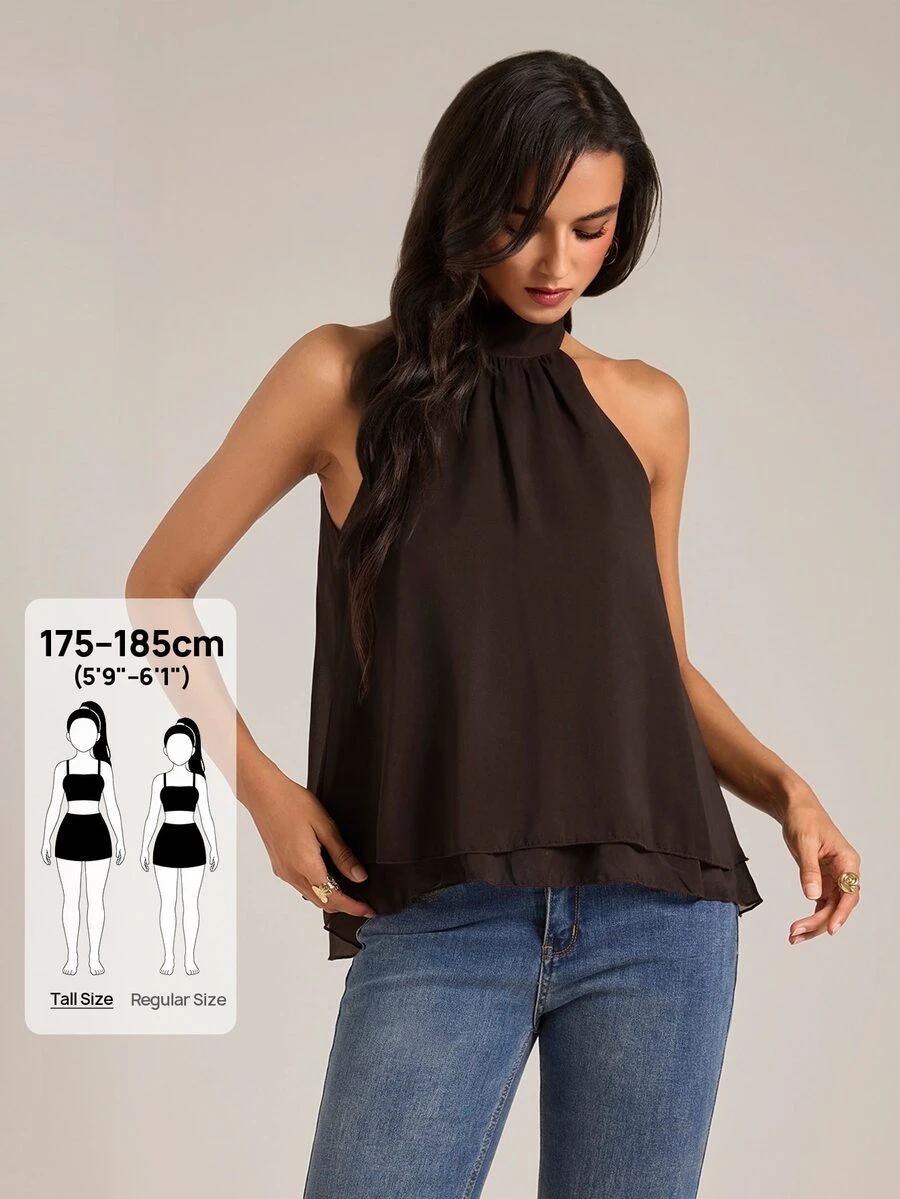 SHEIN Tall Sexy Casual Elegant New Bohemian Minimalist Ruched A-Line Chiffon Camisole (Suitable For Spring/Summer) Brunch,Going Out Tops,Vacation Outfits,Tall - Coffee Brown - View 1
