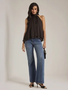 SHEIN Tall Sexy Casual Elegant New Bohemian Minimalist Ruched A-Line Chiffon Camisole (Suitable For Spring/Summer) Brunch,Going Out Tops,Vacation Outfits,Tall - Coffee Brown - View 6
