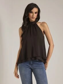 SHEIN Tall Sexy Casual Elegant New Bohemian Minimalist Ruched A-Line Chiffon Camisole (Suitable For Spring/Summer) Brunch,Going Out Tops,Vacation Outfits,Tall - Coffee Brown - View 8