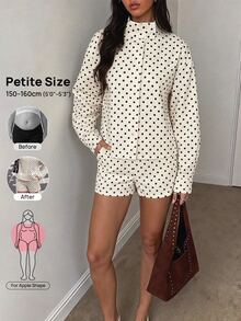 SHEIN PETITE Setelan Kasual 2 Potong Wanita Motif Polkadot Lengan Panjang dan Celana Pendek - Putih - View 4