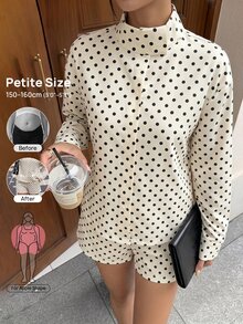 SHEIN PETITE Setelan Kasual 2 Potong Wanita Motif Polkadot Lengan Panjang dan Celana Pendek - Putih - View 1