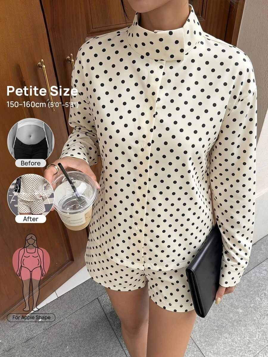 SHEIN PETITE Setelan Kasual 2 Potong Wanita Motif Polkadot Lengan Panjang dan Celana Pendek - Putih - View 1