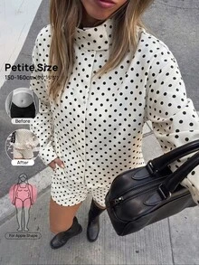 SHEIN PETITE Setelan Kasual 2 Potong Wanita Motif Polkadot Lengan Panjang dan Celana Pendek - Putih - View 6
