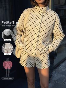 SHEIN PETITE Setelan Kasual 2 Potong Wanita Motif Polkadot Lengan Panjang dan Celana Pendek - Putih - View 3