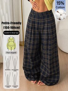 SHEIN PETITE Fashion Commuter Plaid Wide Leg Long Pants - Navy Blue - View 3