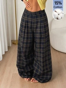 SHEIN PETITE Fashion Commuter Plaid Wide Leg Long Pants - Navy Blue - View 7