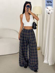 SHEIN PETITE Fashion Commuter Plaid Wide Leg Long Pants - Navy Blue - View 5