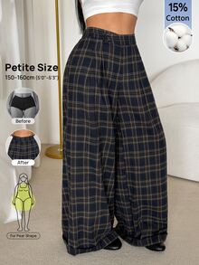 SHEIN PETITE Fashion Commuter Plaid Wide Leg Long Pants - Navy Blue - View 6