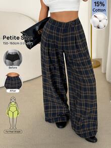 SHEIN PETITE Fashion Commuter Plaid Wide Leg Long Pants - Navy Blue - View 2