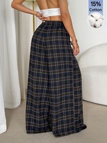 SHEIN PETITE Fashion Commuter Plaid Wide Leg Long Pants - Navy Blue - View 4