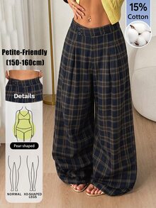SHEIN PETITE Fashion Commuter Plaid Wide Leg Long Pants - Navy Blue - View 1