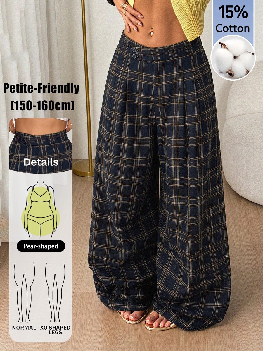 SHEIN PETITE Fashion Commuter Plaid Wide Leg Long Pants - Navy Blue - View 1