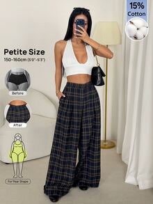 SHEIN PETITE Fashion Commuter Plaid Wide Leg Long Pants - Navy Blue - View 9