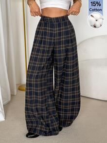 SHEIN PETITE Fashion Commuter Plaid Wide Leg Long Pants - Navy Blue - View 8