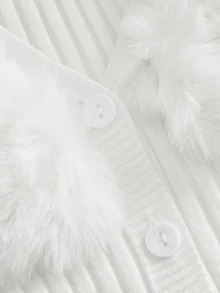 SHEIN ICON Borg Collar Fuzzy Cuff Tight Cut Black Long Sleeves Cardigan,Long Sleeve Tops In Fall/Winter - White - View 3