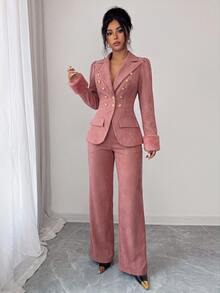 SHEIN Elenzya Jaket Wanita Elegan Gaya Jalanan dengan Kancing Lengan Panjang untuk Liburan Romantis - Berwarna merah muda - View 5