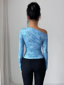 Elenzga 秋季日常性感休閒度假派對外出夜店亮面彩虹亮片鑽飾3D印花抓皺長袖優雅女款T恤 - 藍色 - 查看 2